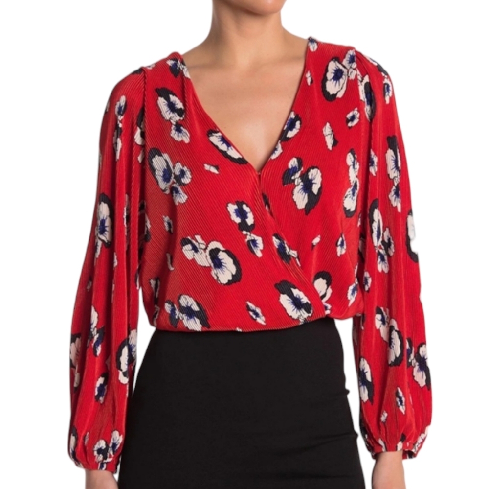 ASTR Plisse Red Floral Surplice Asymmetrical Wrap Crop Top